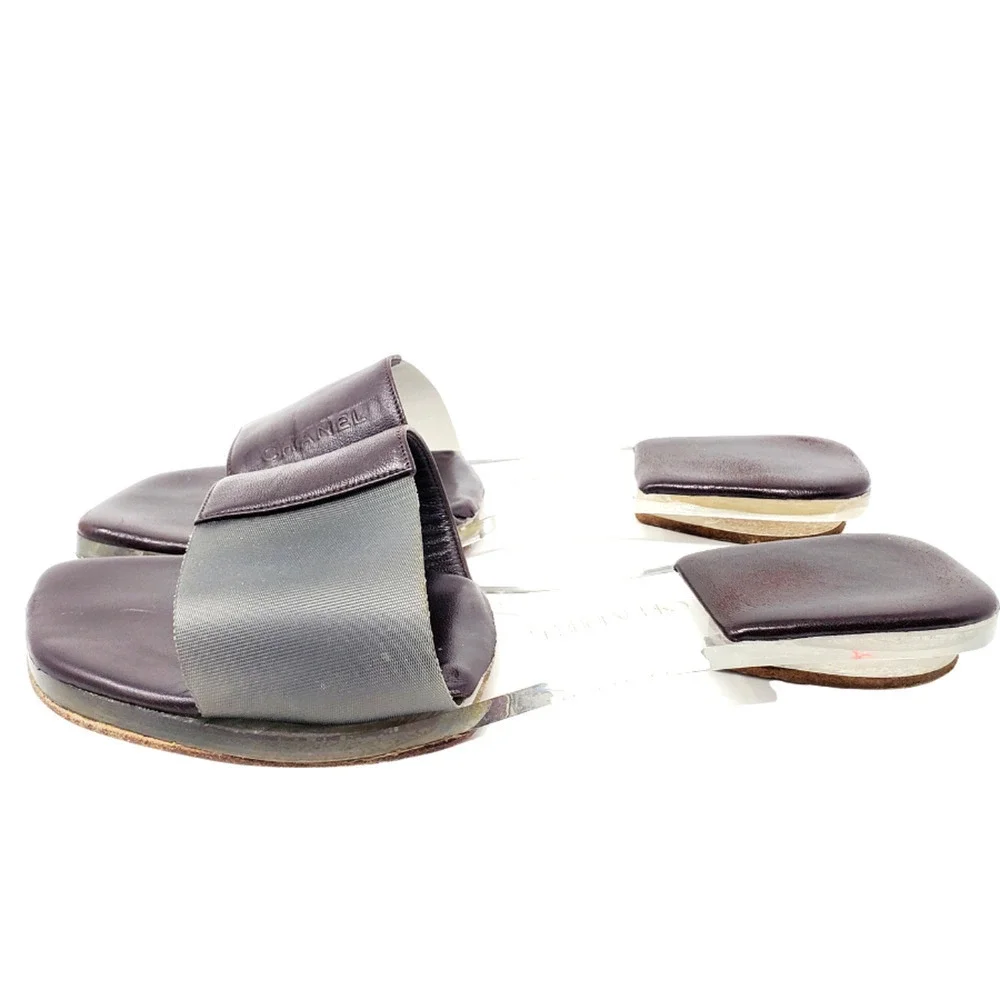 Chanel Sandals Brown Leather Flat Slides LOGO Clear Block PVC Mules EU 36.5